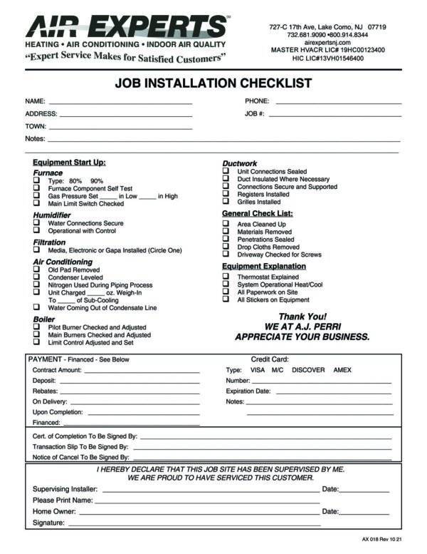 AX 018 Job Installation Checklist