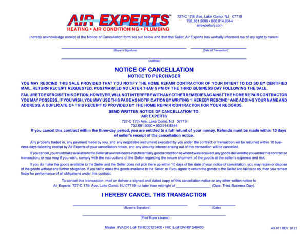 AX 071 Notice of Cancel Form