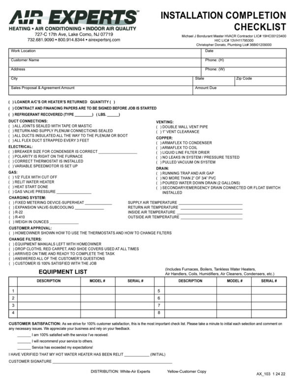 AX 103 Installation Completion Checklist