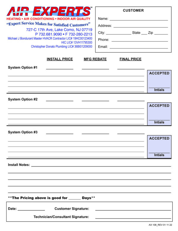 AX 108 AOR Options Quick Quote